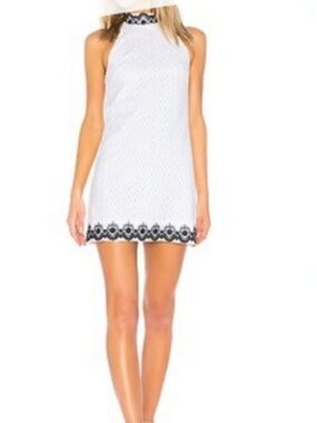 Bailey/44 Black Eyed Susan- White Cotton High Neck Sleeveless Dress w Black Lace